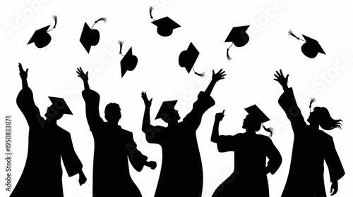 Graduation caps and students throwing them up in celebration vector