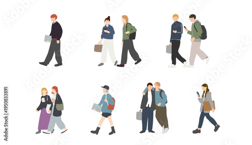 大学生の通学・日常シーンセット（スマートフォン・友達・若者のライフスタイル・歩く人物）