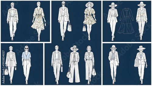 People in Spring Fashion Outfits, Set of Elements, AutoCAD Blueprint Style Human Figures, Architectural Scale, Isolated on White Background