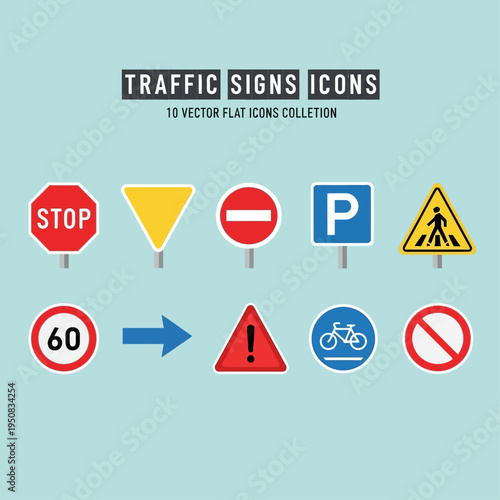 Collection of flat vector traffic sign icons, including stop signs, yield signs, no entry, parking, pedestrian crossing, speed limit, direction, warning, bicycle path, and no parking