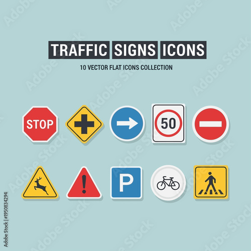 A comprehensive vector collection of ten flat design traffic signs and road safety symbols for diverse navigation, warning, and informational graphic projects