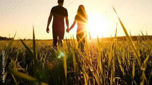 Couple Holding Hands Walking Through Grassy Field At Sunset