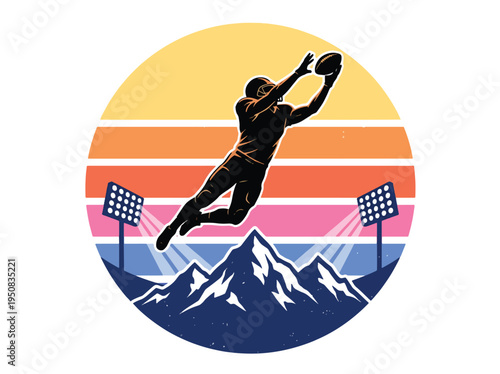 American football player jumping to catch ball in sunset over mountain range with stadium lights  dynamic sports illustration