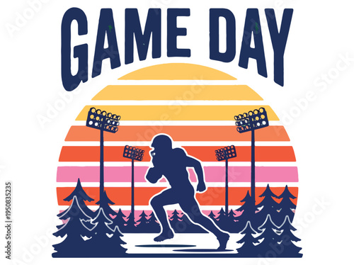 American football player running with ball in front of sunset with stadium lights and trees game day illustration