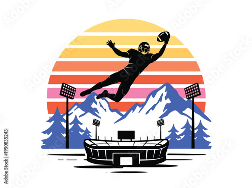 American football player jumping to catch ball in stadium with mountains and sunset in background  sports illustration