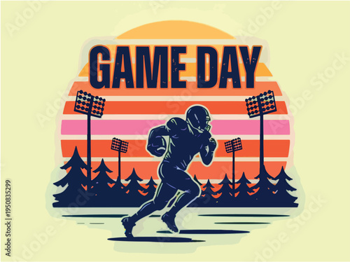 American football player running with ball on field with stadium lights and trees at sunset  game day illustration