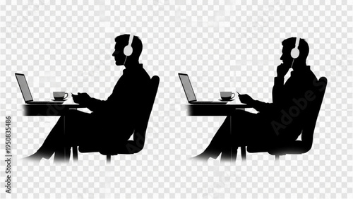 Remote Worker Silhouettes with Laptop and Coffee, Relaxed Pose, PNG Isolated on White Background