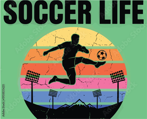 Soccer player kicking ball in sunset stadium with floodlights and mountains  sports graphic design