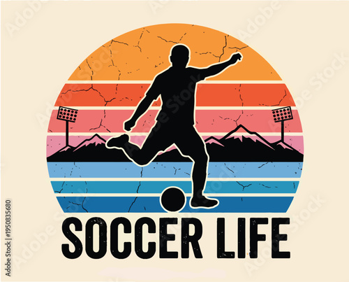 Soccer player silhouette kicking ball sunset mountain landscape colorful graphic design element  sports illustration