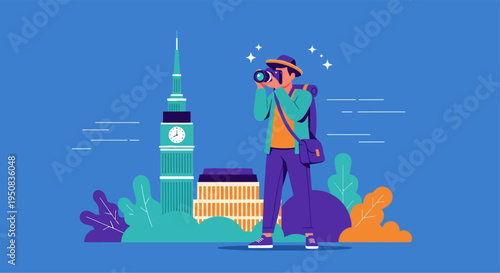 a colorful illustration of a tourist in a hat and backpack taking a photo of big ben in london, uk, perfect for travel and tourism marketing materials