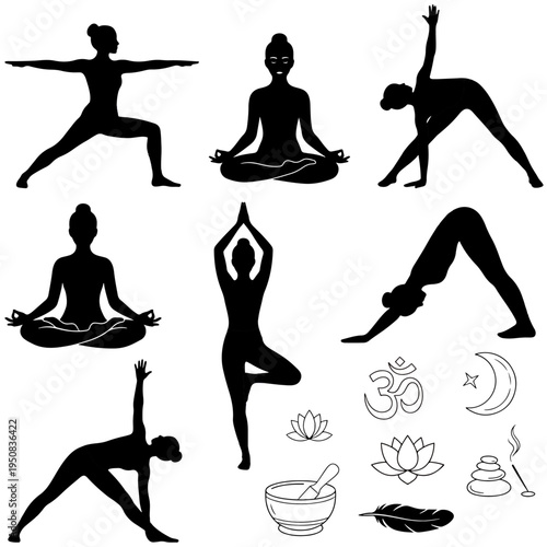 Yoga ıcons, black silhouettes of yoga poses, lotus flowers, Om symbols, feathers, zen, background, wellness, meditation, yoga studio design