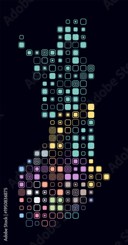 Finland, shape of the country build of colored cells. Digital style map of the Finland on dark background. Large size rounded square blocks. Beautiful vector illustration.