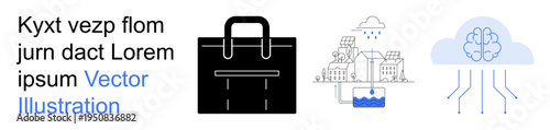 Business tools, artificial intelligence, cloud computing, urban planning, technology integration, data connectivity. Image of a briefcase, cityscape and cloud with neural lines. Business tools