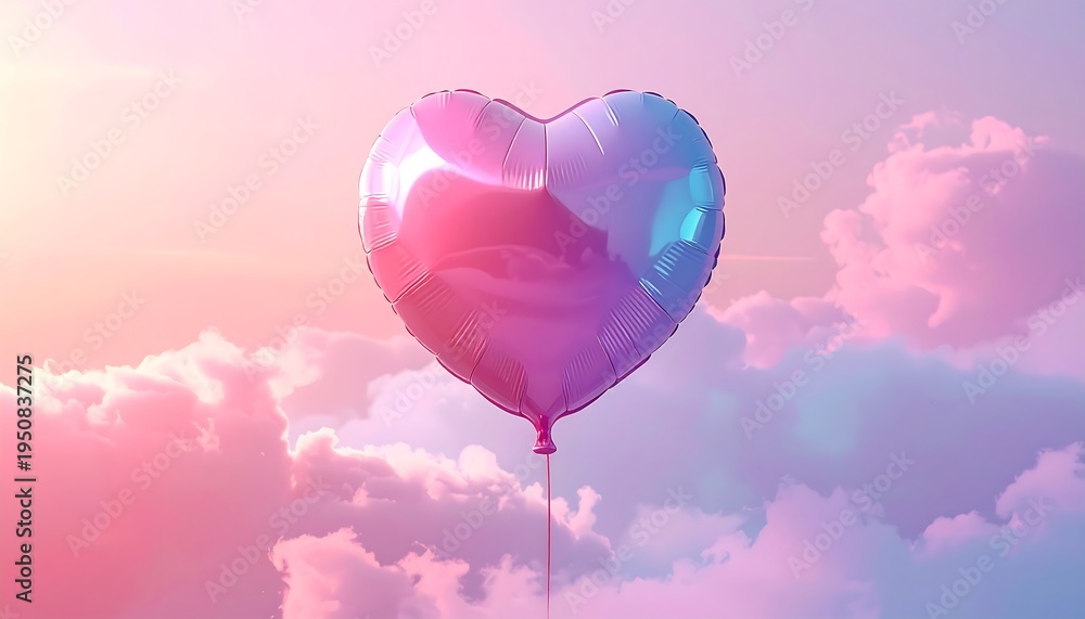Fototapeta premium A heart-shaped balloon floats amidst fluffy clouds, its surface reflecting the soft pink and blue hues of the sky