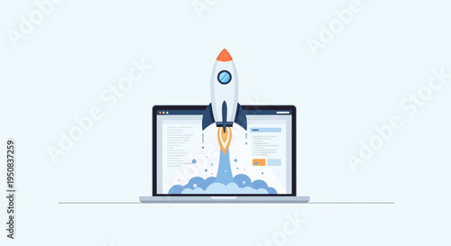 Business startup launch concept with rocket ship taking off from laptop screen flat illustration