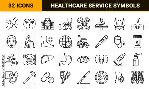 Medical Healthcare Services and Clinical Diagnostics Monoline Outline Symbols Featuring Hospital Care Surgery Mental Health and Wellness
