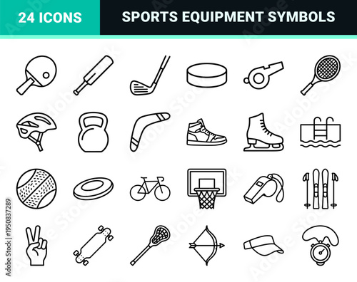 Professional Sports Equipment and Athletic Gear Technical Monoline Icon Set featuring Minimalist Black Outlines for Competitive Fitness and Games