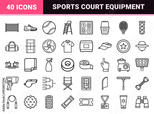 Minimalist Tennis Equipment and Court Infrastructure Monoline Icons Featuring Uniform Stroke Width for Professional Sports App Interface Design