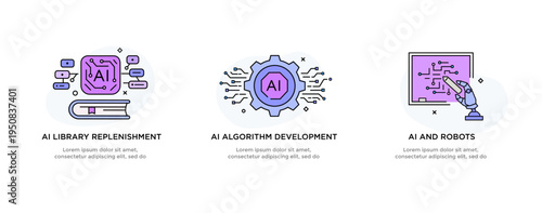 Set of illustrations concept with businessmen. technology, partnership, artificial intelligence business robot, cybes. linear illustration Icons infographics. Landing page site print poster. Line