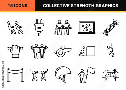Teamwork and Strength Monoline Outline Symbols Featuring Tug of War Athletes and Collaborative Effort Graphics in Minimalist Technical Style