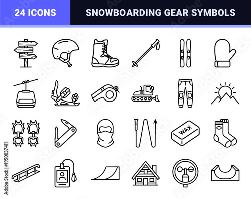 Snowboarding and Winter Sports Equipment Line Art Symbols featuring Minimalist Monoline Aesthetic for Technical Outdoor Activity Navigation.
