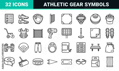 Professional Baseball Equipment Technical Monoline Symbols. Minimalist Outline Style Featuring High-Clarity Athletic Gear and Stadium Elements.