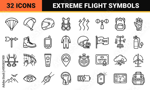 Extreme Paragliding and Air Sports Monoline Symbols for Flight Navigation Adventure and Outdoor Recreation Design