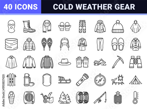 Winter Apparel and Seasonal Outdoor Equipment Outline Symbols featuring Minimalist Monoline Aesthetic for Cold Weather Fashion and Activities