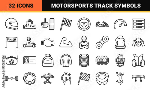 Go-Kart Racing and Motorsports Equipment Monoline Outline Symbols for Competitive Track Navigation and Karting Facility Wayfinding Systems.