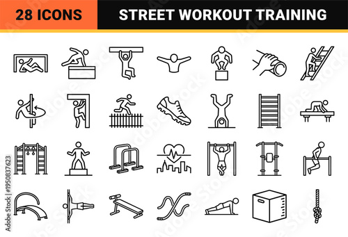 Urban Parkour and Calisthenics Street Workout Monoline Symbols for Minimalist Fitness Branding and Outdoor Training Graphics