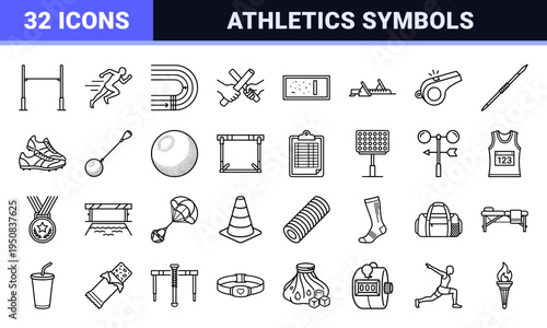 Track and Field Athletics Monoline Symbols featuring Minimalist Sprinting Motion and Sports Equipment for Competitive Racing and Field Events UI