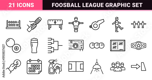 Table Football Monoline Outline Symbols. Professional Foosball Game Equipment and Pub Sports League Technical Minimalist UI Graphics.