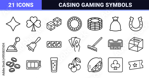Professional Gambling and Card Game Monoline Linear Symbols Featuring Minimalist Casino Elements and Playing Card Suits in Technical Line Art Style