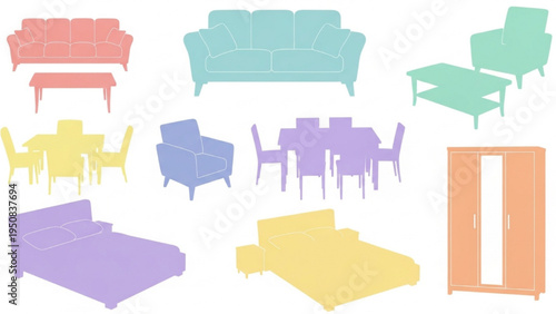 AutoCAD Drawing Furniture for Floor Plans, Collection of Pastel Color Silhouettes, Scalable Elements Isolated on White Background