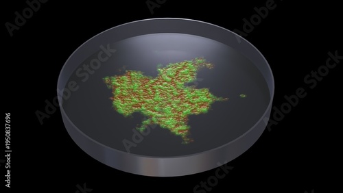 Bacteria growing in petri dish. Microbes reproducing in petri dish. Lab grown meat. Synthetic lab grown food. 3d render illustration isolated on black background.