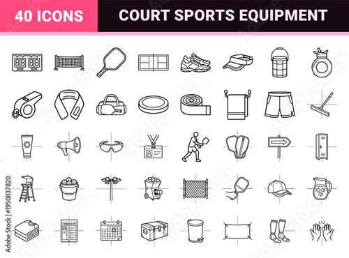 Pickleball Equipment and Tournament Management Monoline Symbols. Technical minimalist outline icons for sports apps, club signage, and athletic branding.