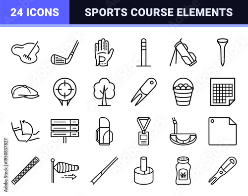 Professional Golf Equipment and Tournament Logistics Symbols featuring Minimalist Monoline Outlines for Sports Coaching and Club Apps.