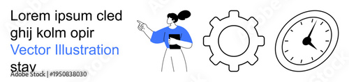 Time management, productivity, teamwork, organization, project planning, efficiency. A woman holding documents, a gear a clock symbol. Time management and productivity concepts