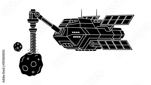Futuristic spacecraft actively mining a distant asteroid for valuable resources in deep space exploration