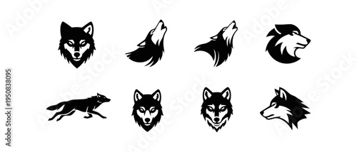 Graphic illustration of wolf heads with various expressions against black background