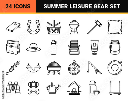 Outdoor Summer Recreation Monoline Symbols for Backyard Games and Camping. Minimalist Vector Outlines for Leisure Activities and Garden Sport.