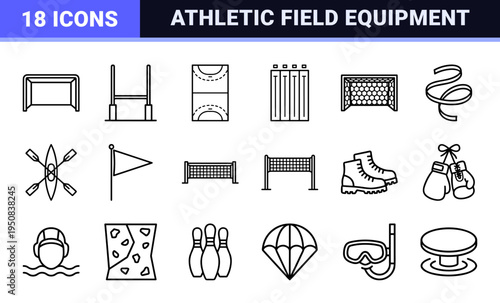 Athletic Competition and Outdoor Recreation Technical Monoline Symbols for Sports Facility Wayfinding and Tournament Schedule Management.
