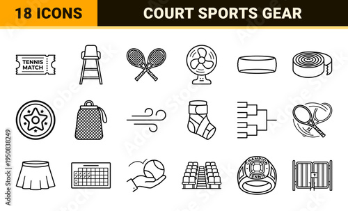 Tennis Equipment and Court Sports Monoline Outline Symbols Featuring Professional Minimalist Aesthetic with Uniform Line Weight and High Legibility