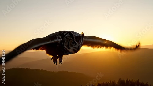 Majestic Owl Soars Through Golden Sunrise Over Mountain Landscape