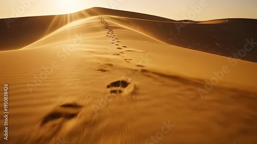 Animal Tracks Appearing In Golden Desert Sand Dunes At Sunrise