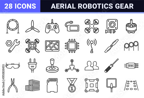 FPV Drone Racing and Aerial Robotics Monoline Icon Set featuring Quadcopters Goggles Controllers and Technical UAV Equipment for Digital Interface Design