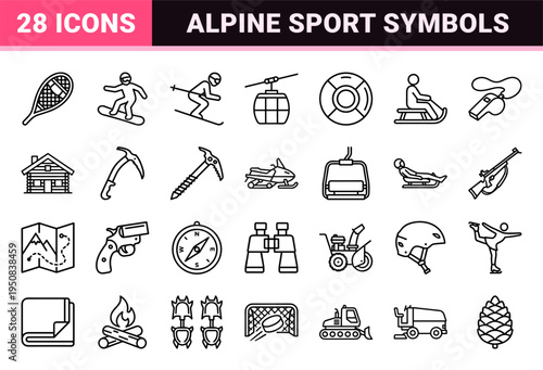 Winter Sports and Alpine Recreation Monoline Symbols featuring Minimalist Outline Aesthetic for Skiing Snowboarding and Mountain Tourism.