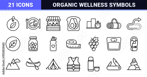 Holistic Wellness and Healthy Lifestyle Monoline Symbols featuring Minimalist Outdoor Activity and Organic Nutrition Line Art Graphics