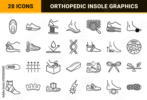 Footwear Technology and Ergonomic Comfort Symbols Featuring Orthopedic Insoles, Cushioning Systems, and Podiatry Care in Monoline Aesthetic.