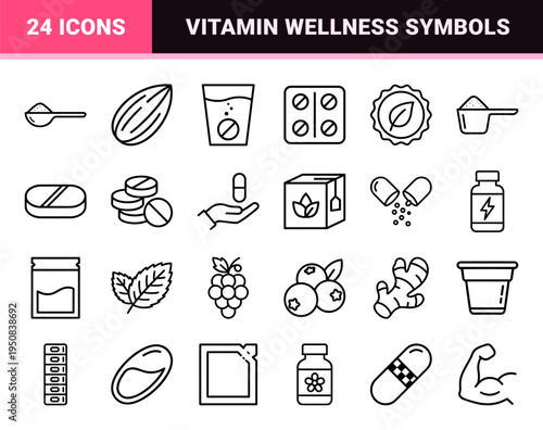 Wellness Nutrition Monoline Symbols Featuring Vitamins Supplements Herbal Extracts and Health Care Products in Minimalist Linear Aesthetic